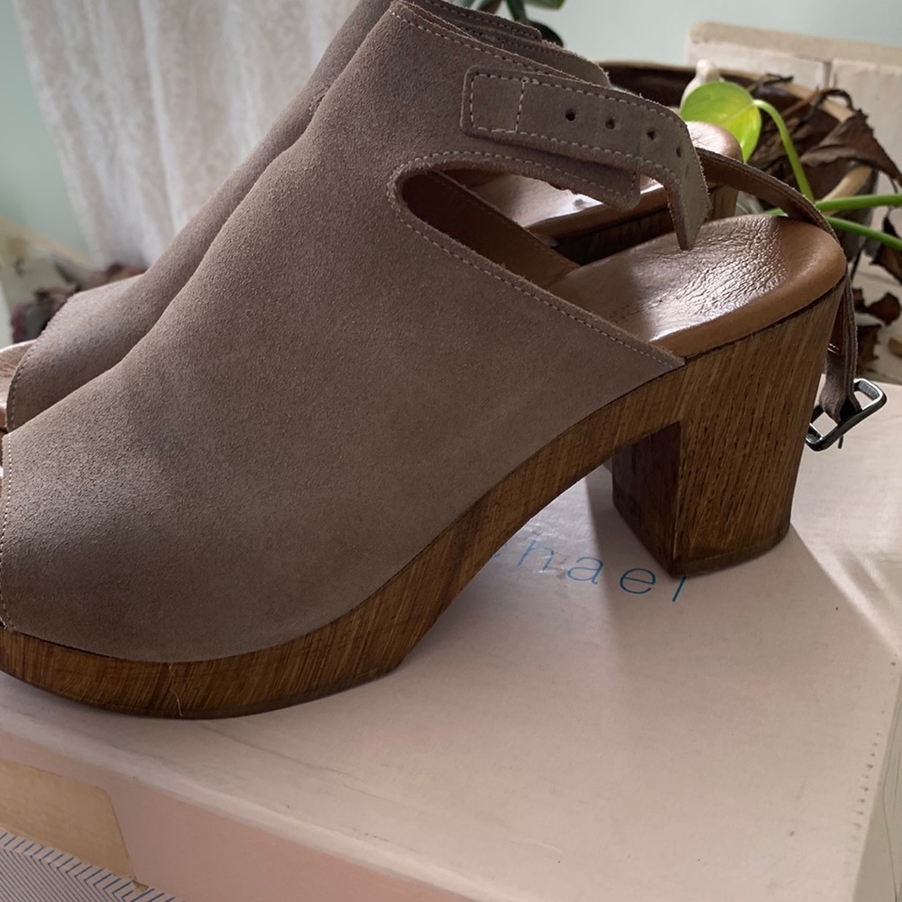 Eric Michael Suede strap tan clog type mules comfortable!